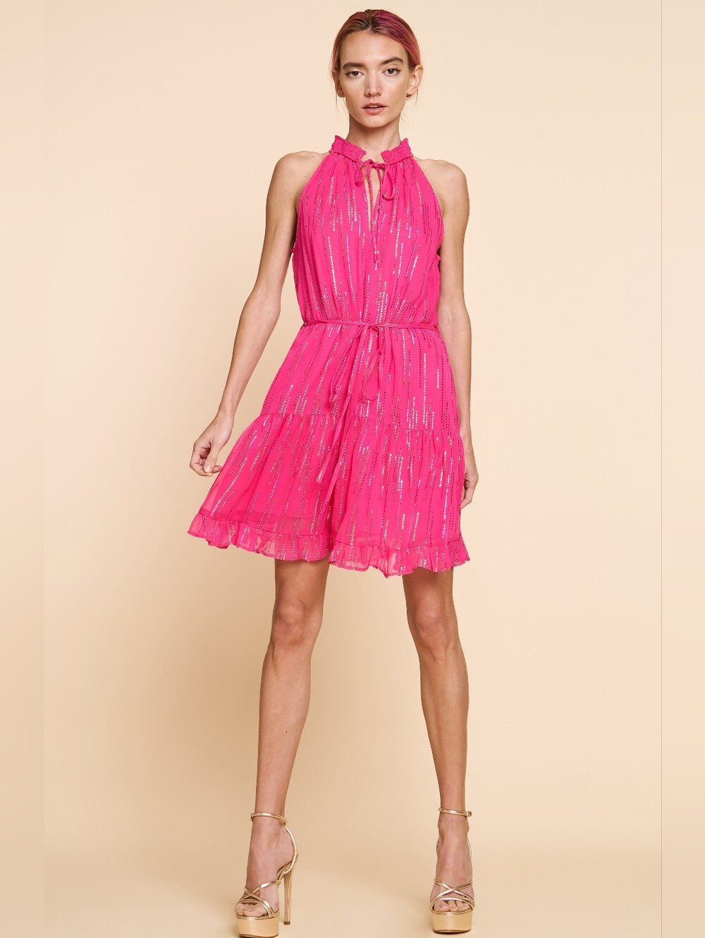 CIEBON REVOLVE Metallic Glitter Fuchsia Halter Tie-Waist Dress Sz XS NWT